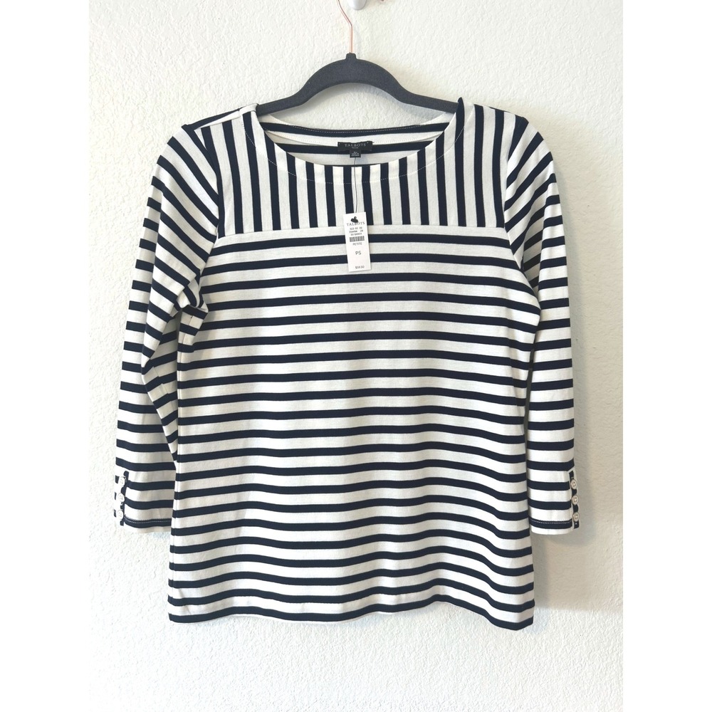 Talbots Petite Striped Boatneck Top Navy White Button Cuff Cotton SZ SP NEW